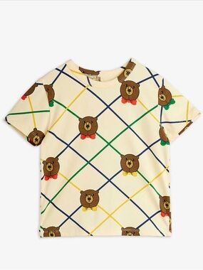 Mini Rodini Bear Diamond-Grid Tee Cream with Multicolor Bows